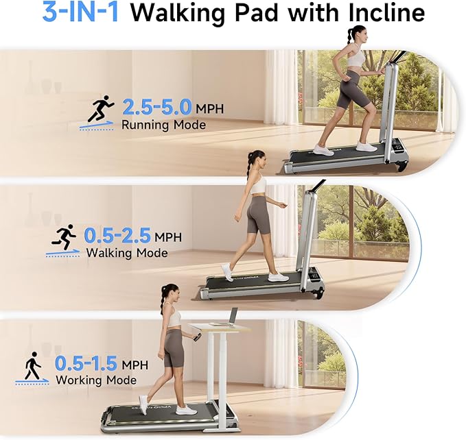 Walking Pad with Handles, Walking Pad Treadmill with Incline, 3 in 1 Foldable Treadmills for Home Office, Portable Under Desk Compact Design