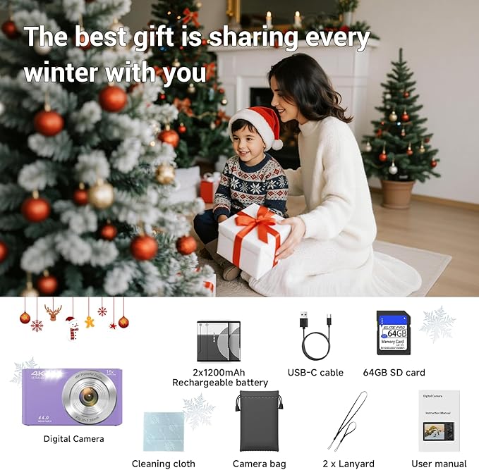 Digital Camera, FHD 4K Digital Camera for Kids Purple with 64GB SD Card 16X Digital Zoom, Cameras for Photography Compact Point and Shoot Camera for Teen Boys Girls Kids Autofocus Camera Digital