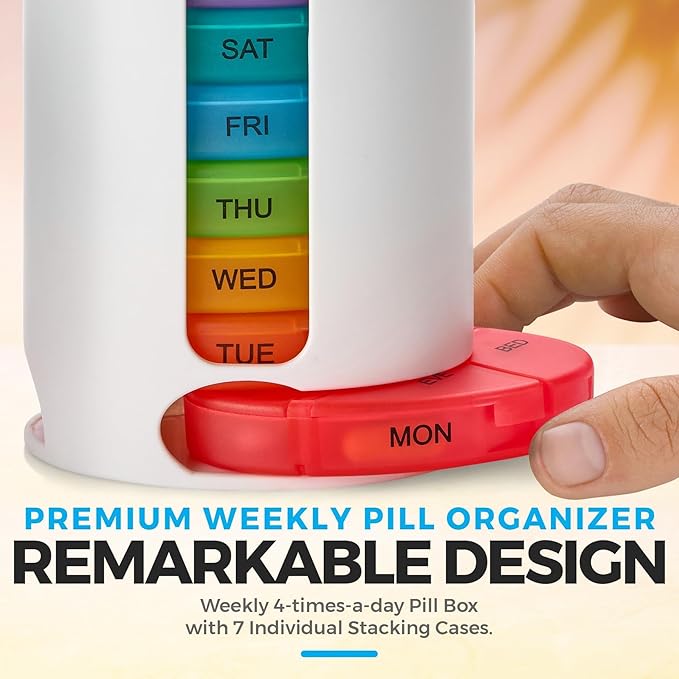 MEDca Weekly Pill Organizer, 1 Dispenser, 7 Stackable Multi-Color Compartments Four Times-a-Day - Morning, Noon, Evening, and Bedtime, White, Case of 40