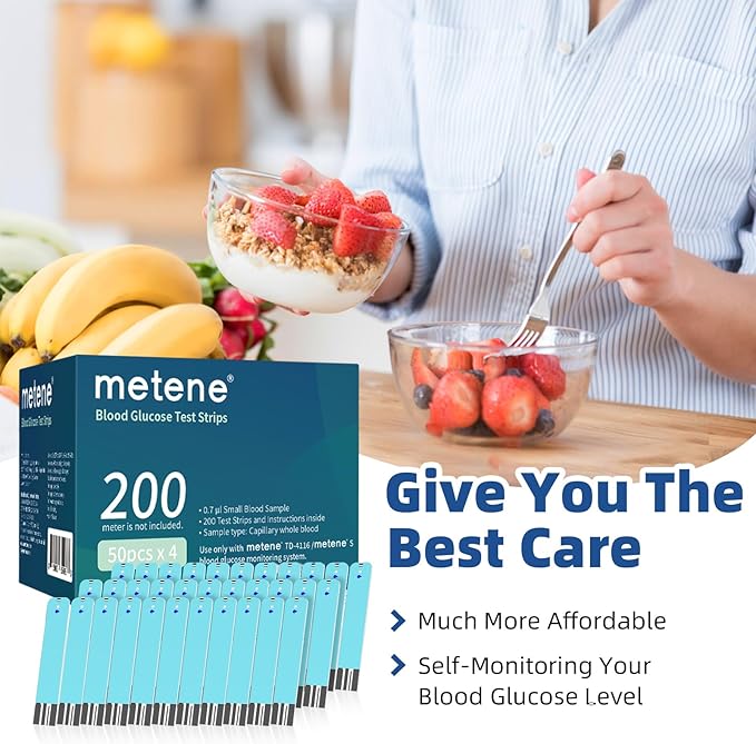 Metene TD-4116 Blood Glucose Test Strips, 200 Count Test Strips for Diabetes, Use with metene TD-4116 and metene S Blood Glucose Monitor Only(No Monitor)