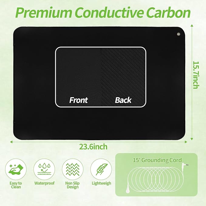 Grounding Mat, Earthing Mat for Sleep, Pain Relief, Inflammation, Balanced Energy, Wellness. Earth Connected Therapy. Non-Slip Grounding Pad for Bed Desk Home Office, Includes 15ft Cord (24"x16")