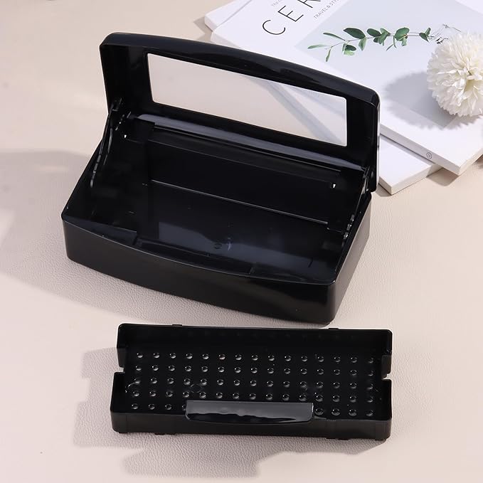 Nail Tool Sterilizer Box Plastic Disinfectant Container for Nail Art Accessories Tools, Hair Salons and Beauty Centers, Sterilizer Soaking Box with Strainer Pedicure Manicure Equipment, Black