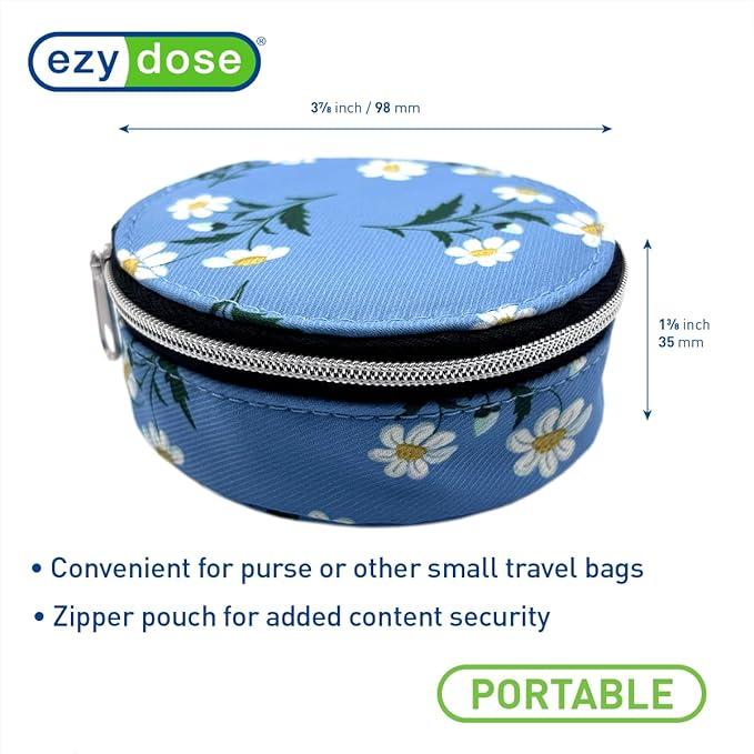 EZY DOSE Travel Pill Organizer with Built-in Mirror, Features Zippered Daisy Case, Compact and Portable Medication Case for Daily Vitamins, Pills, and Medicine, Ideal for Travel and On-The-Go Use