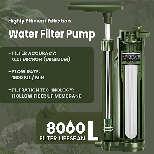 Portable 3-Stage Water Purifier Survival Pump with 0.01 Micron Ultrafiltration Membrane Water Purification System,Suitable for Hiking,Camping,Emergency Survival Water and Outdoor Activities