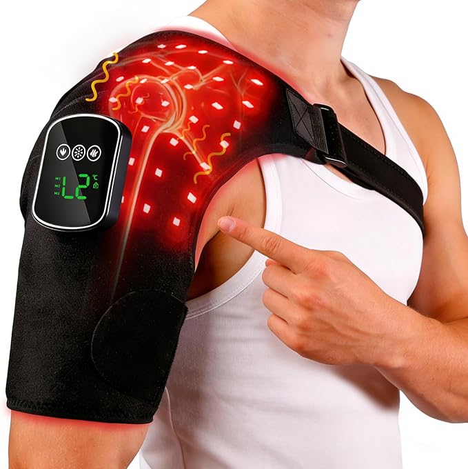Kammoy Red Light Therapy for Shoulder with Heat & Massage, 6 Modes, 5000mAh Cordless Controller, 228 LEDs 660nm & 850nm, Portable Heated Shoulder Wrap, 120–480 Min Runtime (Black)
