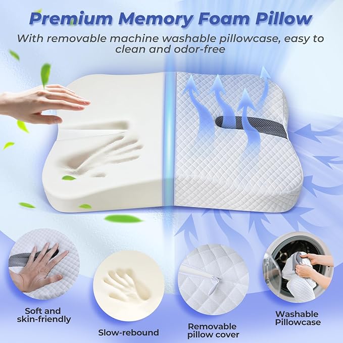 Anti-Snoring Pillow for Side Sleepers, Memory Foam Pillow for Snoring Relief, Multifunctional Ergonomic Design for Side Sleeper - White