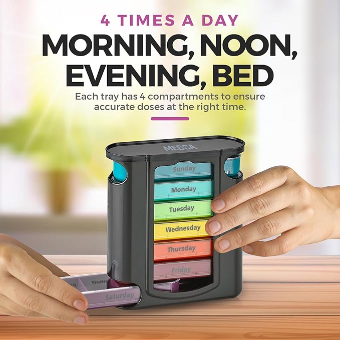 Weekly Pill Organizer, 1 Dispenser, 7 Stackable Compartments Four Times-a-Day - Morning, Noon, Evening, and Bedtime, Black (Case of 40)