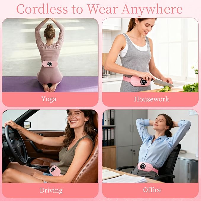 Portable Heating Pad for Period Cramps Relief Vibrating Menstrual Heating Belt for Women, Rechargeable Fast Heat with 6 Heat Levels and 6 Modes for Menstrual, Pain Relief for Back & Stomach (Pink)