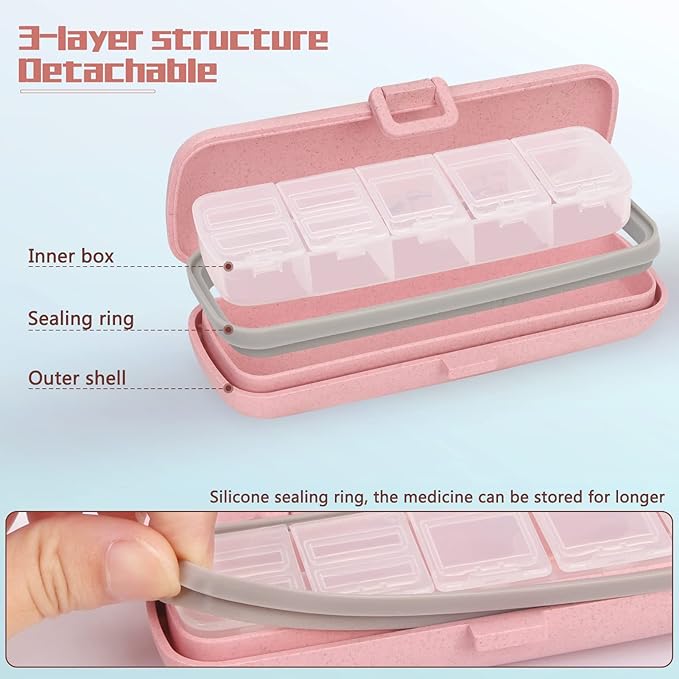 Naturetouch Pill Organizer, 7 Compartments Pill Box Portable Travel Medicine Organizer for Purse or Pocket 7 Day Pill Dispenser Storage Case with Lock for Vitamin Medication Fish Oil Supplements Pink