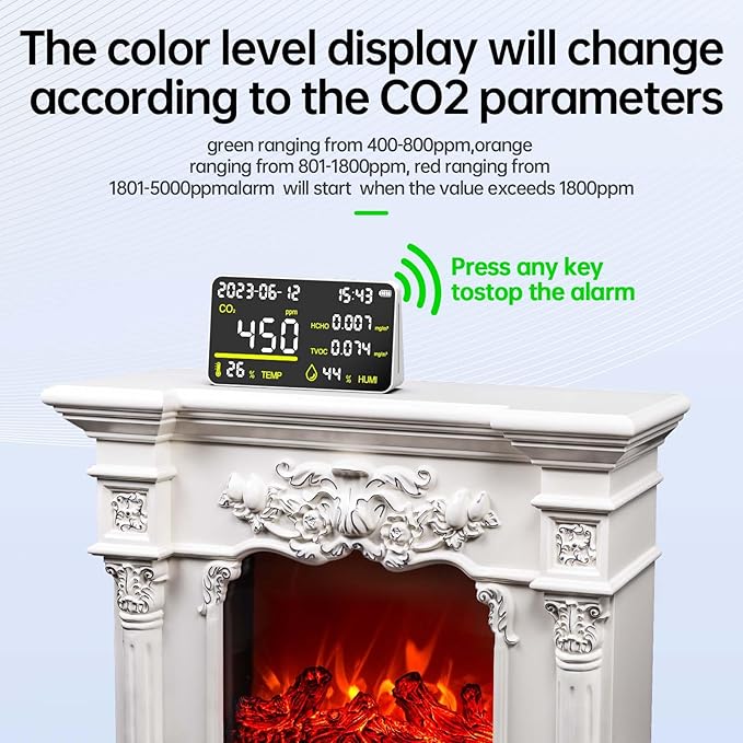 CIS 7-in-1 Air Quality Monitor, Indoor Humidity Monitor, Temperature, CO2, TVOC, HCHO, Time, Date Display Desktop Air Quality Tester, Air Quality Meters for Home Office Hotel Restaurant School