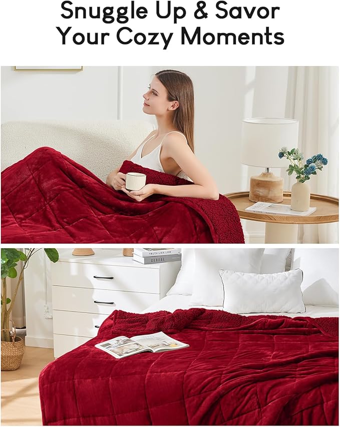 Cottonblue Sherpa Weighted Blanket for Adults 20 lbs Queen Twin Size 60x80 inches, Fuzzy Fleece Weighted Throw Blankets Cozy for Sleeping, Calming and Relax, Soft Heavy Blankets for Bed Sofa, Burgundy