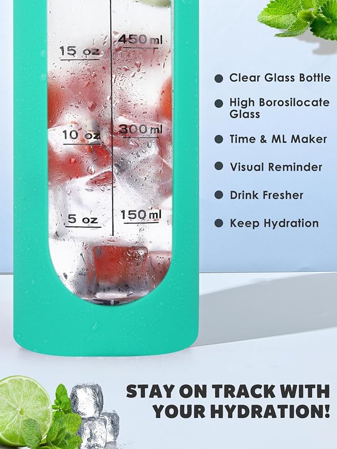 GIEMIT Glass Water Bottles 32oz with Silicone Sleeve Drinking Hydration Bottles Reusable Borosilicate Wide Mouth Motivational Water Flask Canteen with Time Marker Spout Lid and Brush (Green - 32 oz)