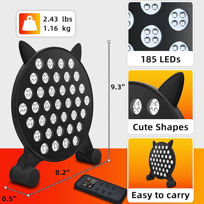 Cat-Face Red Light Therapy Lamp – 460 nm & 850 nm Infrared Panel, 185-LED red-Light Device with 5 Brightness Levels and Adjustable Angle for Easy use at Home or in The Office.