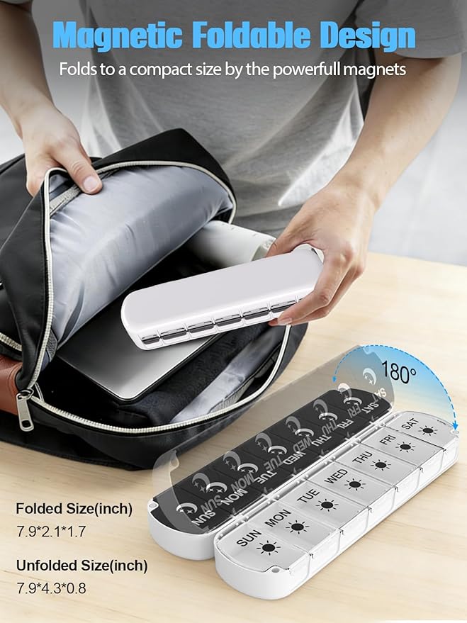 Gelibo Pill Organizer 2 Times a Day,Magnetic Foldable Weekly AM PM Pill Case, Large Travel Pill Box for Vitamins,Supplements,Medication Organizer 7 Day,Never Spill Pills,Easy to Open for Arthritis