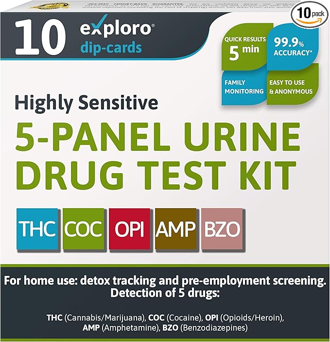 Exploro 5 Panel Drug Test Kit – At Home Urine Drug Test for THC, Cocaine, Opiates, Amphetamines & Benzodiazepines – Rapid & Accurate & Easy At Home Drug Testing Strips (Pack of 10)