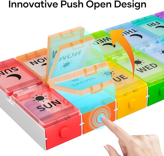 Push Button Weekly Pill Organizer 2 Times a Day, Medicine Pill Organizer with Labels, Pill Box Case 7 Day AM PM BPA-Free, Pill Container for Vitamins, Fish Oil, Supplements and Medication
