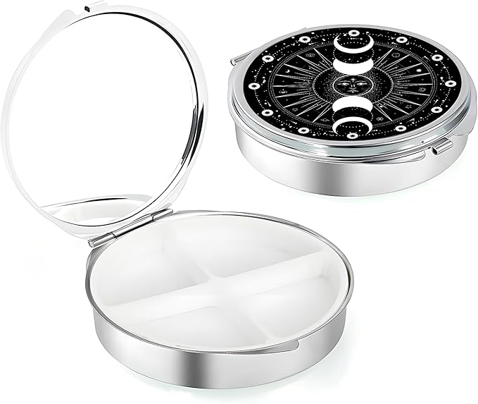 Weekly Pill Case, Medicine Planner, Vitamin Organizer Box, Portable Daily Pill Box with Compartments,Pocket Purse Metal Medicine Organizer Unique Gifts,Sun Moon