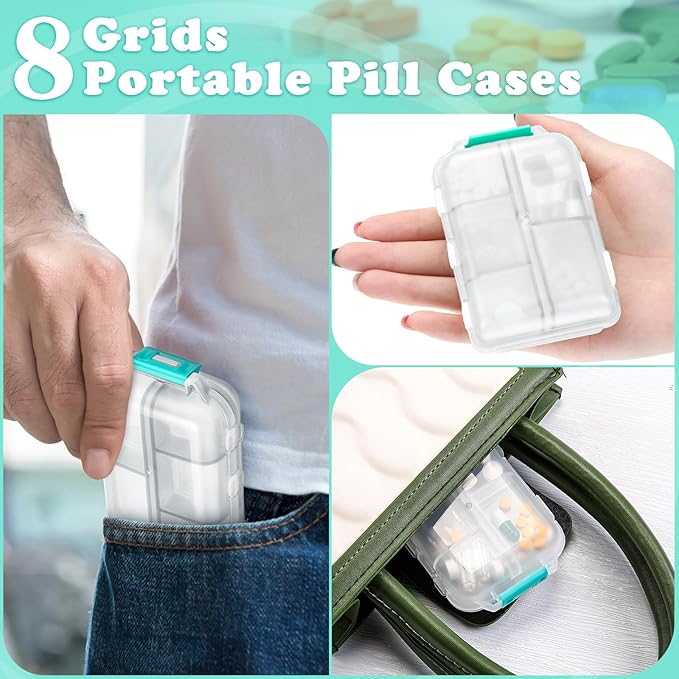 Meekoo 8 Pcs Travel Pill Organizer Pocket Portable Pill Case Daily Container Small Container Medicine Travel with 10 Compartments for Purse Fish Oil Medicine(Clear White)