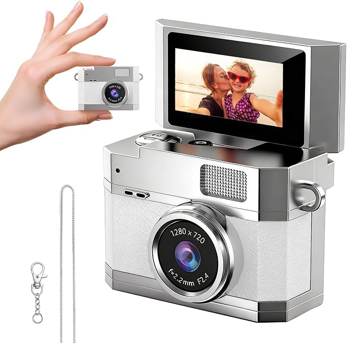 ‌Mini Keychain Digital Camera White - HD Mini Digital Camera with 0.96" Flip Screen & 32GB Card, Portable Wearable Keychain Camera for Bag Charm, Necklace Pendant, Selfie, for Mom