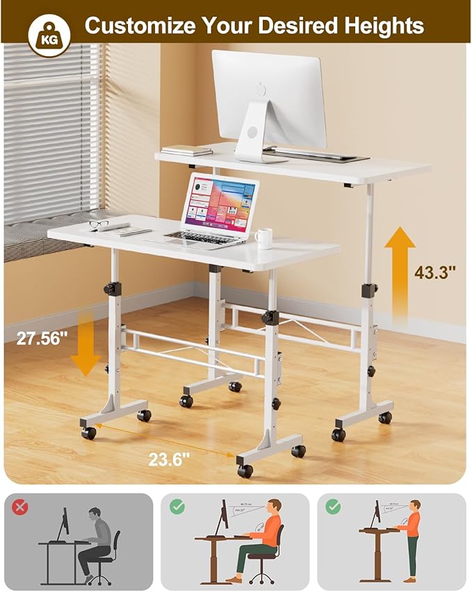 Small Standing Desk Adjustable Height, Mobile Stand Up Desk with Wheels, 32 Inch Portable Rolling Desks Conference Room Tables for Walking Pad Treadmill Pure White