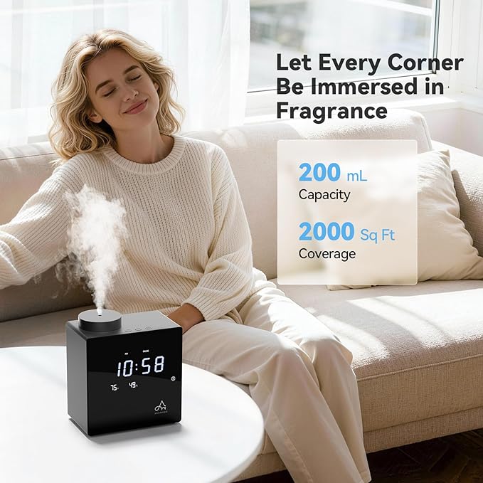 2026 Smart Waterless Diffuser, 2000 Sq.Ft Cold Air Scent Machine with Clock & Environmental Display | 7 Fragrance Levels, 9 Timer Settings, Hotel Collection Diffuser for Home & Large Rooms (Black)