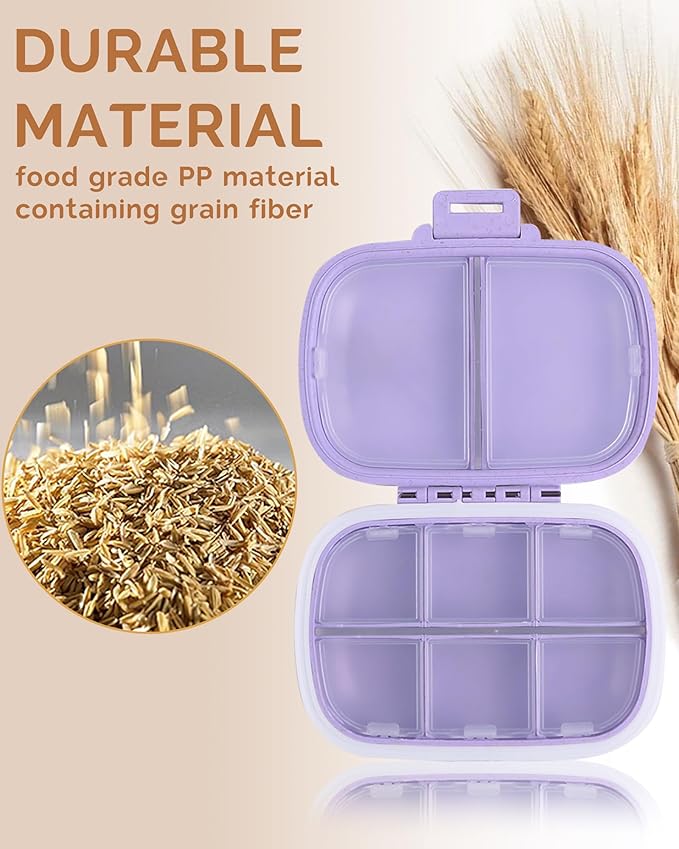 8 Compartments Travel Pill Organizer, Daily Pill Case Small Pill Box for Pocket Purse, Portable Pill Container Medicine Vitamin Organizer (Purple)