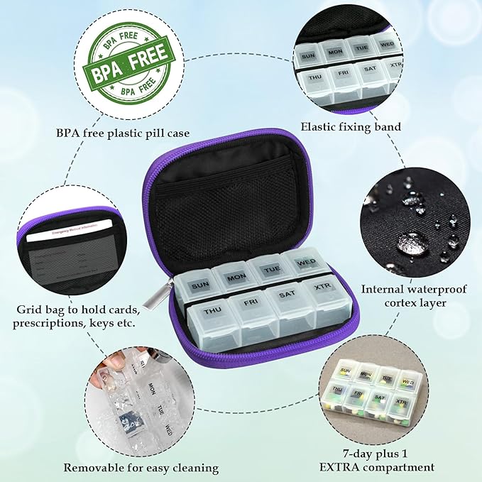 Serfeymi Weekly Travel Pill Organizer Pill Case for Purse with Removable 7 Day Pill Box, Fashionable Travel Medicine Organizer Pill Container for Medicine, Vitamin, Supplement - Green 01 + Purple 01