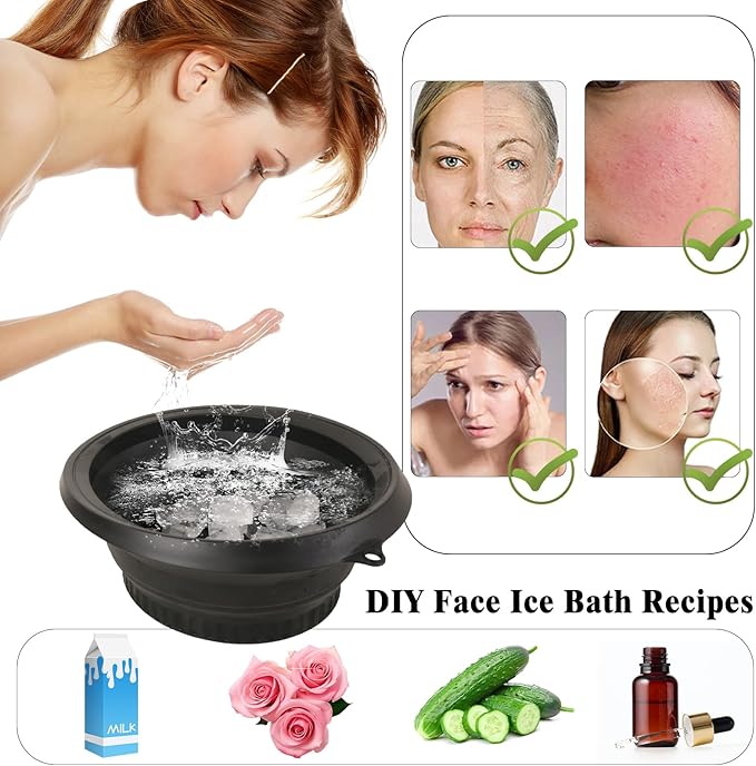 Large Silicone Bowl for Face Ice Bath with Built-In Icetray, Foldable and Hanging Design for Easy Storage and Carrying, Dipping Face Ice Bath at Home and Travel (Black)