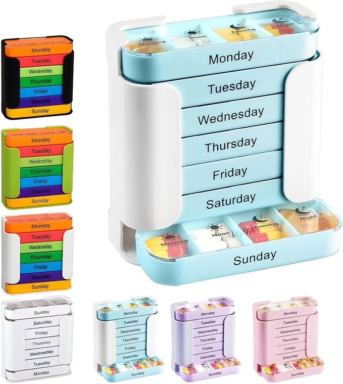 7-Day Weekly Medication Organizer - Stay on Track Medication Organizer with 7 Stackable Compartments, Four Times-a-Day (Morning, Noon, Evening, Bedtime) for Organized Pill Taking (Sky)