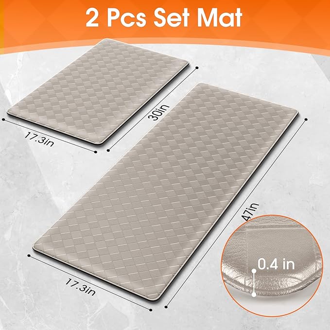 Kitchen Mats, 2PCS Kitchen Rugs, Cushioned Anti Fatigue Kitchen Mats for Floor, Non-Slip Standing Sink Mat, Waterproof Kitchen Rug Set for Kitchen Floor Office,17.3"×30"+17.3"×47" Brown