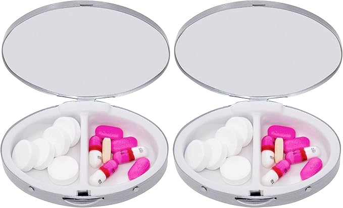 Set of 2 Oval-Shaped Pocket Purse Pill Box & Organizer with Dual Compartments (Silver Border Print)
