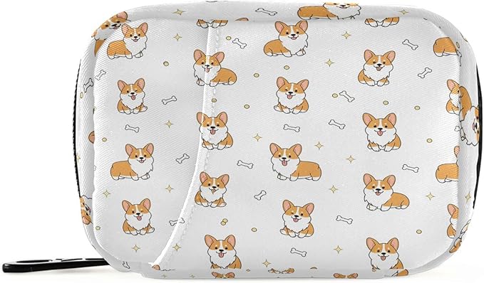 Cute Corgi Dog Pill Organizer Case Yellow Puppy Bone 7 Day Travel Pill Box with Zipper Portable Weekly Vitamin Medicine Supplement Holder Pouch Bag