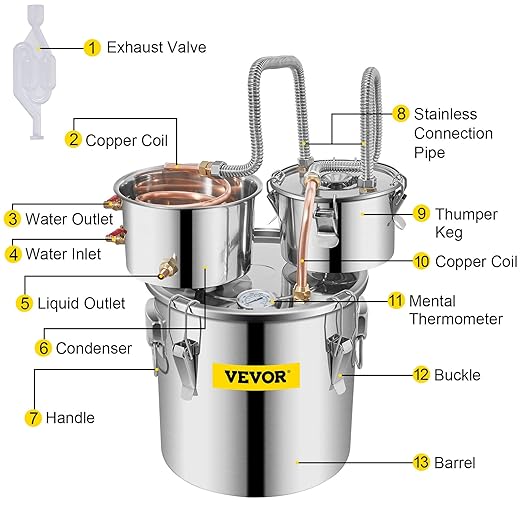 VEVOR Alcohol Still, 3 Gallon, Stainless Steel Alcohol Distiller with Copper Tube & Build-in Thermometer & Water Pump, Double Thumper Keg Home Brewing Kit, for DIY Whiskey Wine Brandy