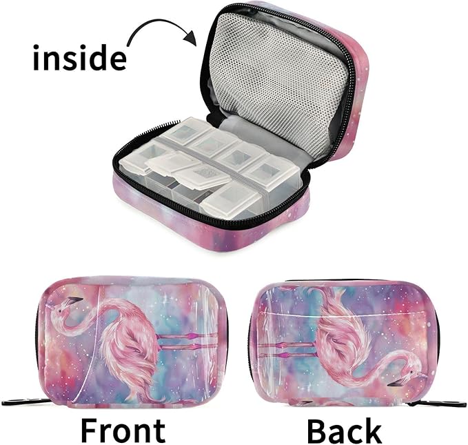 Fustylead Pink Flamingo Standing on in Water Unicorn World Pill Organizer and Storage Weekly with Zipper, Removable Pill Box Portable Medicine Organizer for Vitamin Fish Oil Supplement