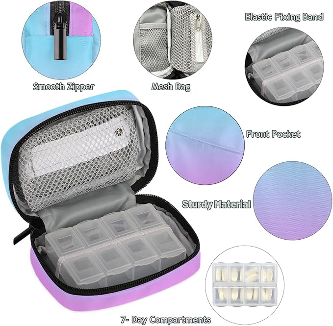 Weekly Travel Pill Organizer Case for Purse with Removable 7 Day Box Portable Compact Size Pill Box Fashionable Pill Container for Medicine Vitamin Supplement Pink Blue