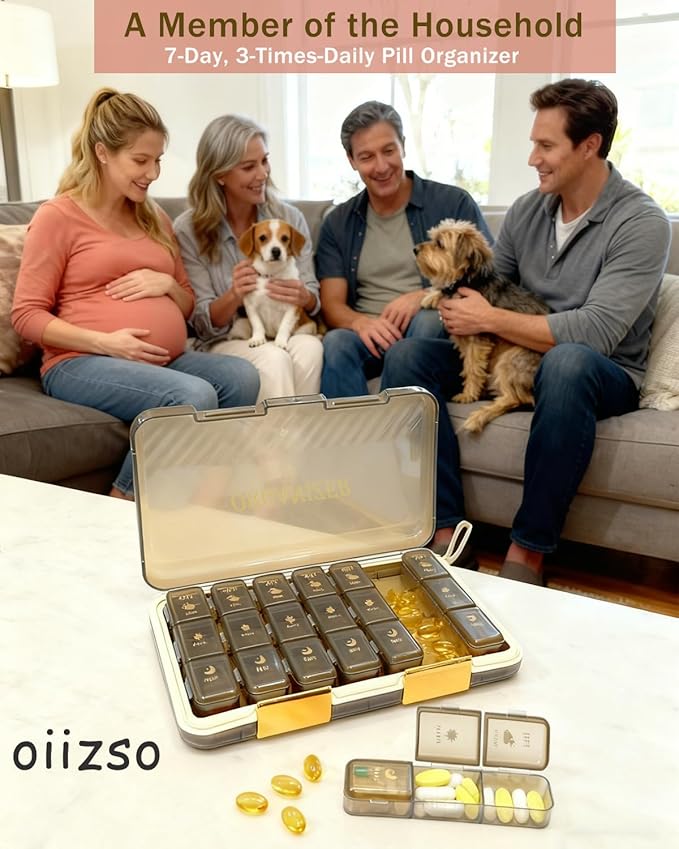 Weekly Pill Organizer 3X a Day, Large 7 Day Pill Box 3 Times, Portable for Travel Pill Case for Pills Vitamin Fish Oil Medication Supplements (Brown)