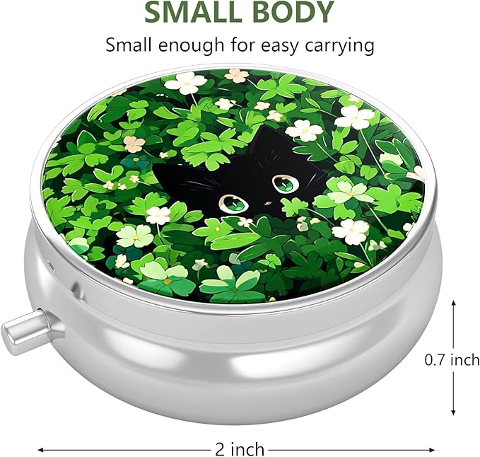 Nipichsha Pill Box, Small Pill Case for Purse & Pocket, Cute Travel Medicine Organizer, Portable Medicine Container Holder to Hold Vitamins, Medication, Fish Oil & Supplement, Green Leave Cat