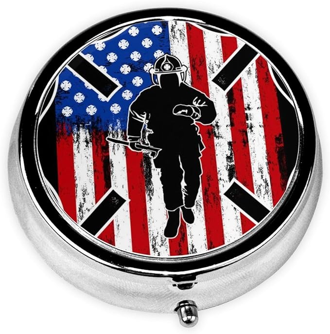 Pill Box,Fireman Flag American Firefighter Round 3 Compartment Pill Box Pocket Purse Decorative Box Portable Mini Travel Medicine Case Tablet Vitamin Holder Organizer Pill Case