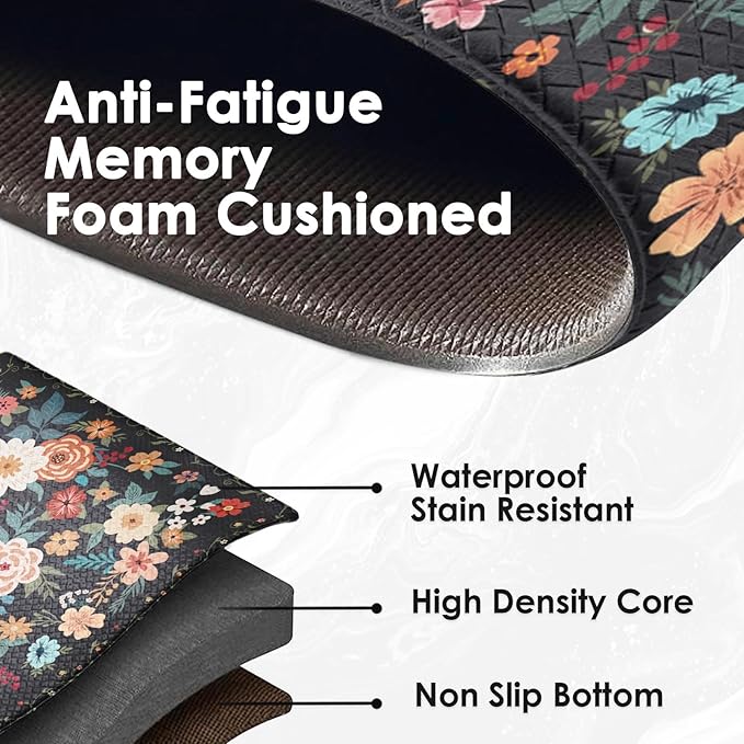 Arttown Kitchen Mats for Floor 2Pcs-Anti Fatigue Non Slip Mats for Kitchen Floor, Cushioned Waterproof & Stain-Resistant Boho Floral Mat Set, Laundry Room, Office, Sink, Desk (Black)