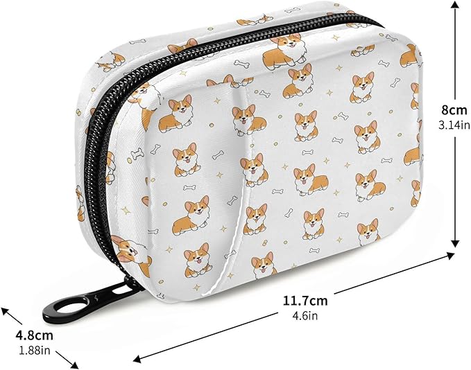 Cute Corgi Dog Pill Organizer Case Yellow Puppy Bone 7 Day Travel Pill Box with Zipper Portable Weekly Vitamin Medicine Supplement Holder Pouch Bag