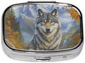 Elegant Autumn Wolf & Mountain Pill Box with Mirror 2 Compartments Square Pill Organizer for Pocket