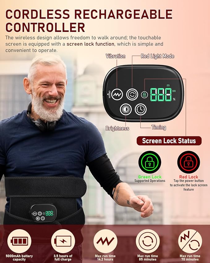 Red Light Therapy for Body Massager Belt with Vibration Massage, Cordless Infrared Light Therapy with 2 Long Wraps, Red Light Therapy Belt Wrap for Back Shoulder (Black)