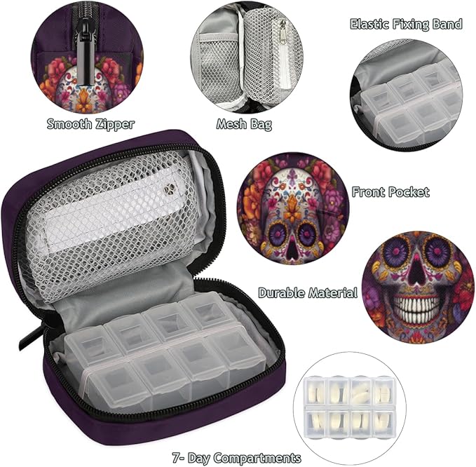 Flower Skull Mexican Gothin Pill Box Small Pill Travel Organizer 7 Day Weekly Medicine Pill Case Cute Compact Size Vitamin Container Pill Bottle Portable Pill Holder Bag with Zipper