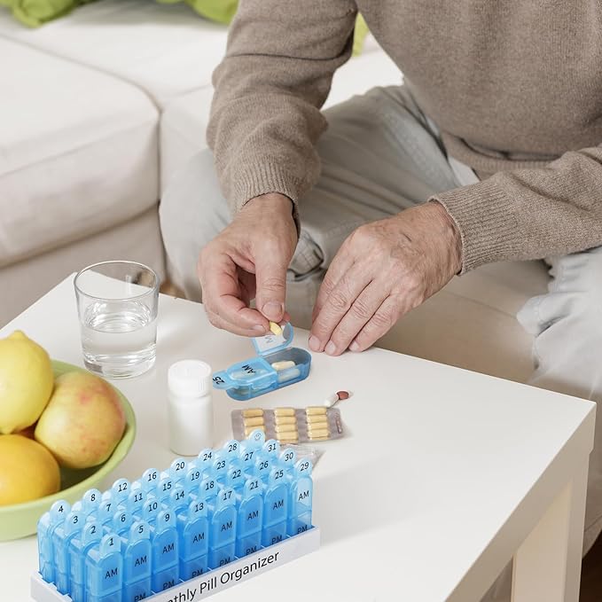Daviky Monthly Pill Organizer 2 Times a Day, 30 Day Pill Box AM PM with Separate Container, One Month Medicine Case Twice a Day to Hold Vitamins, Supplements and Medication (Blue)