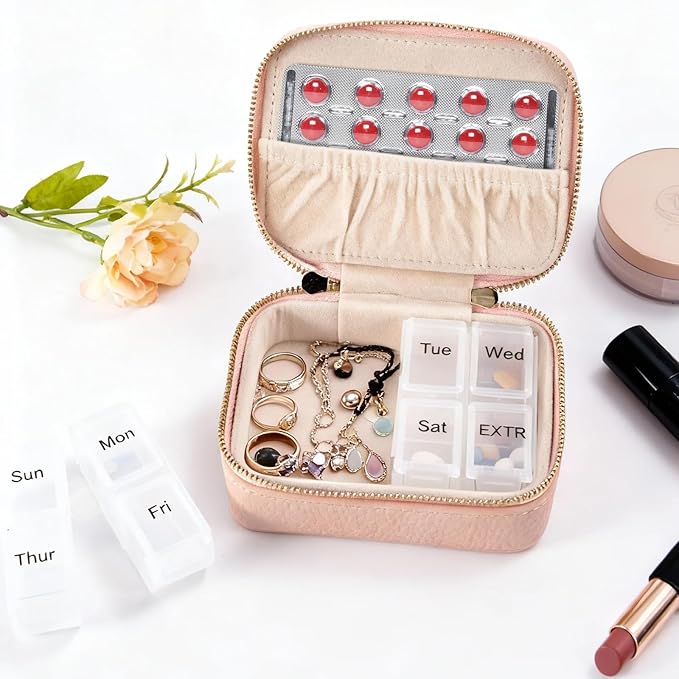 Weekly Pill Organizer Pink Portable Leather Travel Pill Organizer 7 Day with Detachable 8 Compartments, Cute Travel Pill Case for Vitamins & Medication, Weekly Medicine Container with Secure Zipper