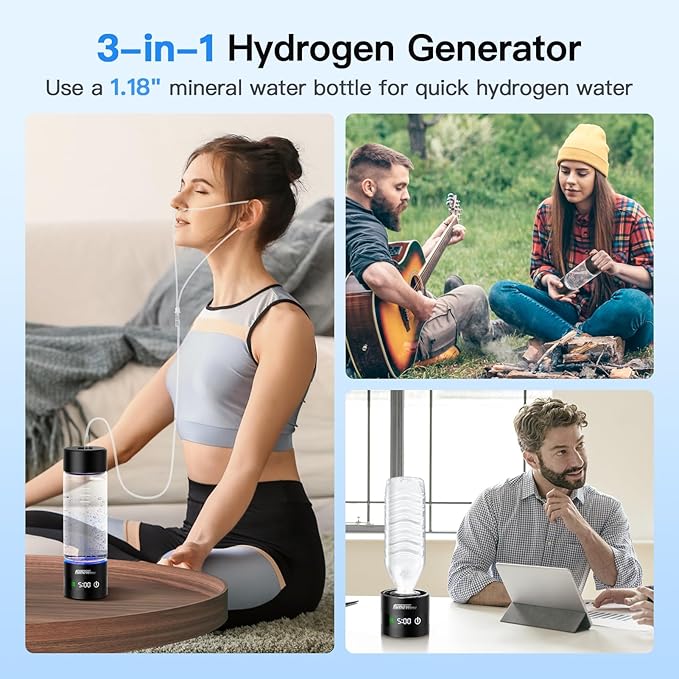 Hydrogen Water Bottle with LED Display, 3000ppb Portable Water Ionizer Machine with SPE/PEM Technology in 5-Minute Electrolysis, Rechargeable Hydrogen Rich Glass Cup for Home Office Travel & Fitness