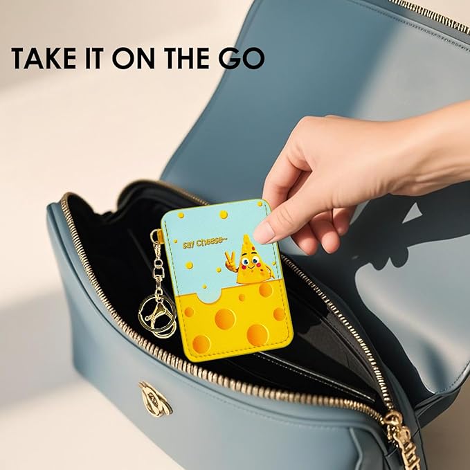 Discreet Birth Control Pill Case Holder - 4.3x3.3IN Portable Organizer with Detachable Metal Keychain, Cute Cheese Artwork Sleeve for Daily Protection (Fits Standard Pill Packs) (Yellow)