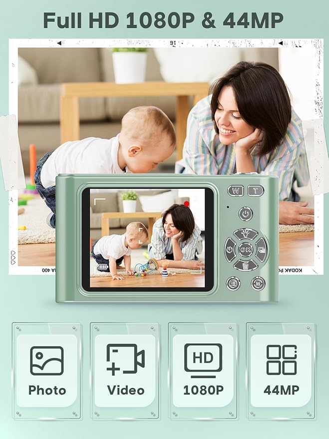 Digital Camera - 1080P Vlog Camera, 44MP Compact, 16X Zoom, Anti-Shake, Green Gift for Kids