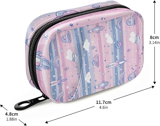 Pink Rockets Satellites Stars Clouds Travel Pill Organizer Case Box Container Weekly Portable Vitamin Medicine Holder Storage Bag with Zipper Removable