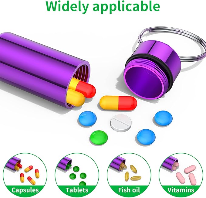 Small Portable Pill Case with Keychain, (10 Pack + 10 Carabiner Clips) Waterproof Aluminum Pill Organizer Metal Mini Box Pocket Drug Storage Container for Outdoor Camping Travel